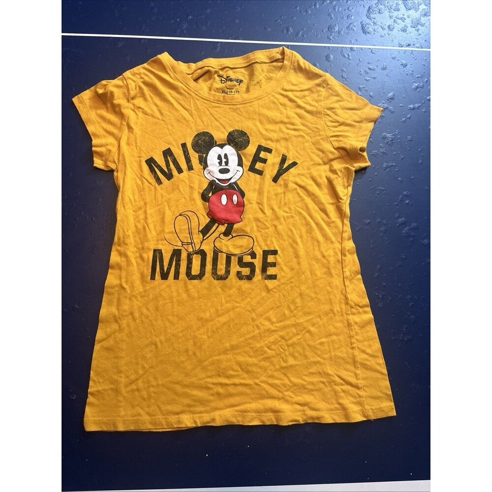 Disney Mickey Mouse Yellow Graphic Print T-Shirt Junior XL (15-17) Crew Neck